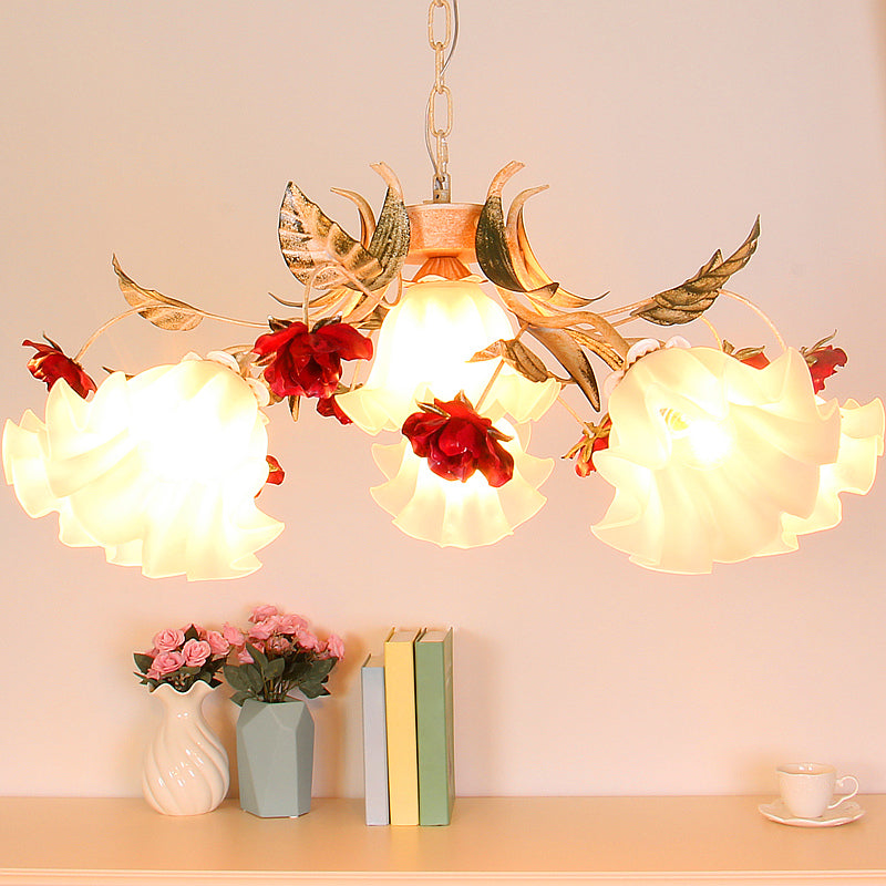 4/6/9-Bulb Frosted Glass Chandelier Pendant Light Korean Garden Beige Floral Childrens Room Pendant Lamp Clearhalo 'Ceiling Lights' 'Chandeliers' Lighting' options 1982369