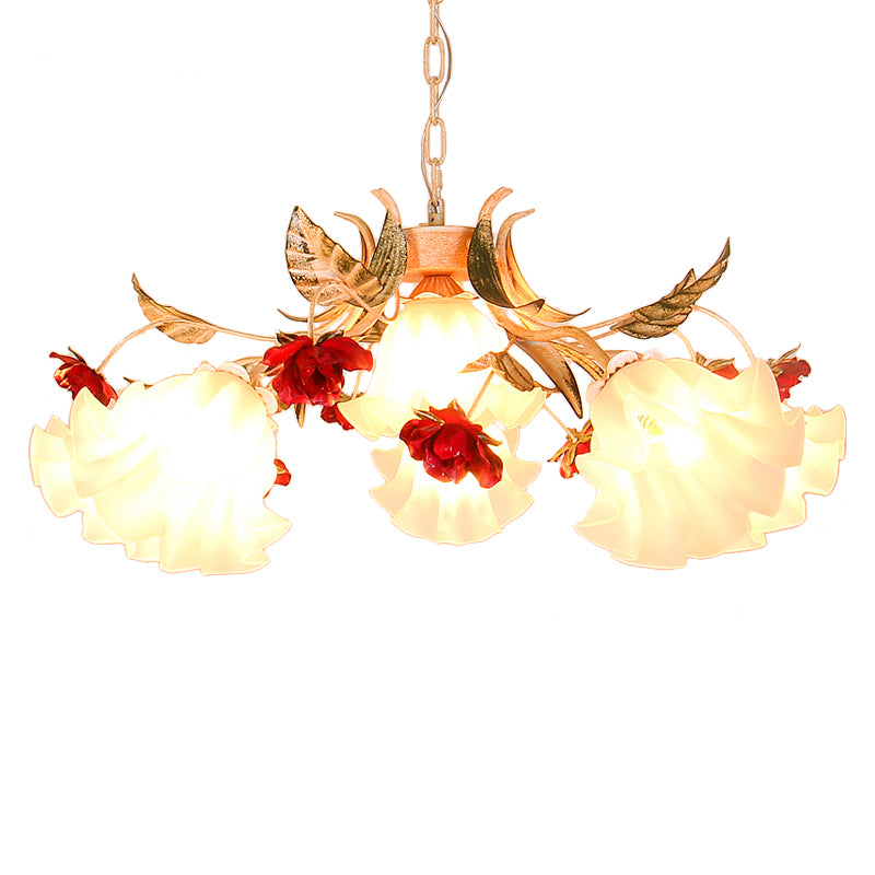 4/6/9-Bulb Frosted Glass Chandelier Pendant Light Korean Garden Beige Floral Childrens Room Pendant Lamp Clearhalo 'Ceiling Lights' 'Chandeliers' Lighting' options 1982370