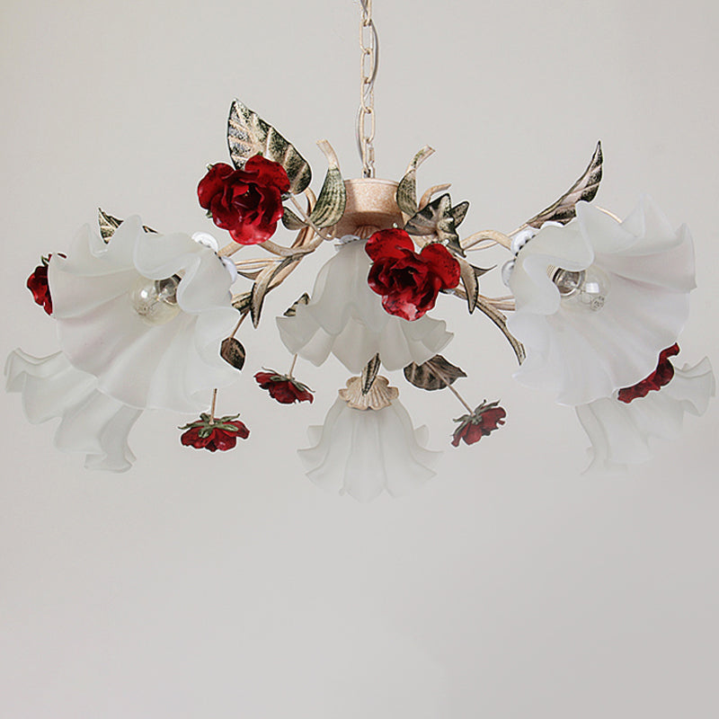 4/6/9-Bulb Frosted Glass Chandelier Pendant Light Korean Garden Beige Floral Childrens Room Pendant Lamp Clearhalo 'Ceiling Lights' 'Chandeliers' Lighting' options 1982371