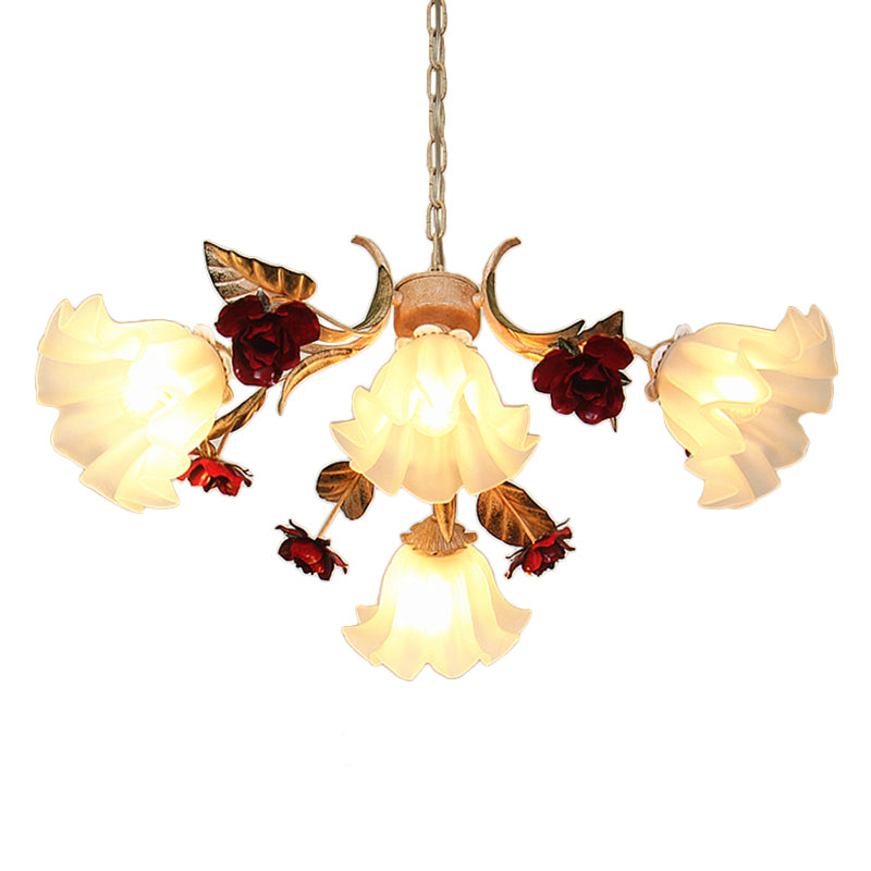 4/6/9-Bulb Frosted Glass Chandelier Pendant Light Korean Garden Beige Floral Childrens Room Pendant Lamp Clearhalo 'Ceiling Lights' 'Chandeliers' Lighting' options 1982374