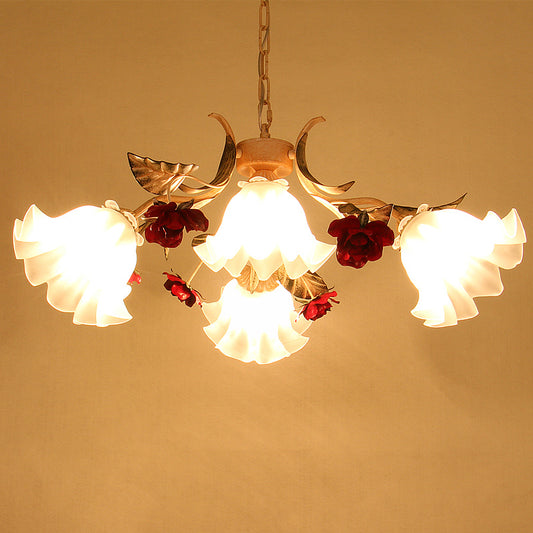 4/6/9-Bulb Frosted Glass Chandelier Pendant Light Korean Garden Beige Floral Childrens Room Pendant Lamp Clearhalo 'Ceiling Lights' 'Chandeliers' Lighting' options 1982375