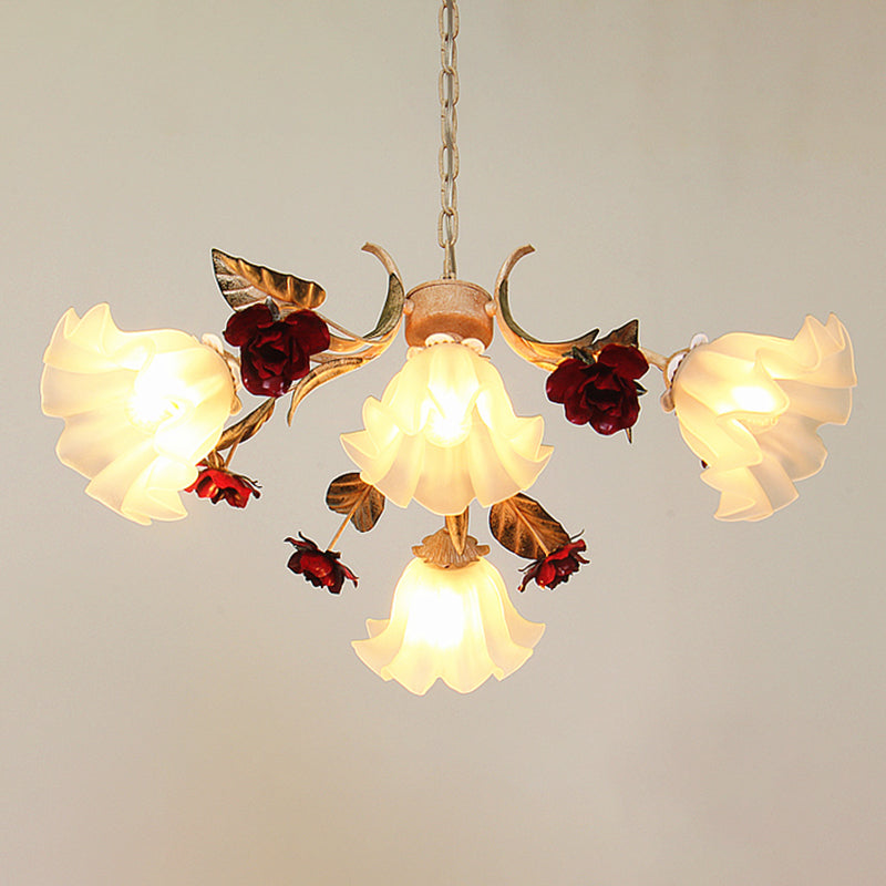 4/6/9-Bulb Frosted Glass Chandelier Pendant Light Korean Garden Beige Floral Childrens Room Pendant Lamp Clearhalo 'Ceiling Lights' 'Chandeliers' Lighting' options 1982376