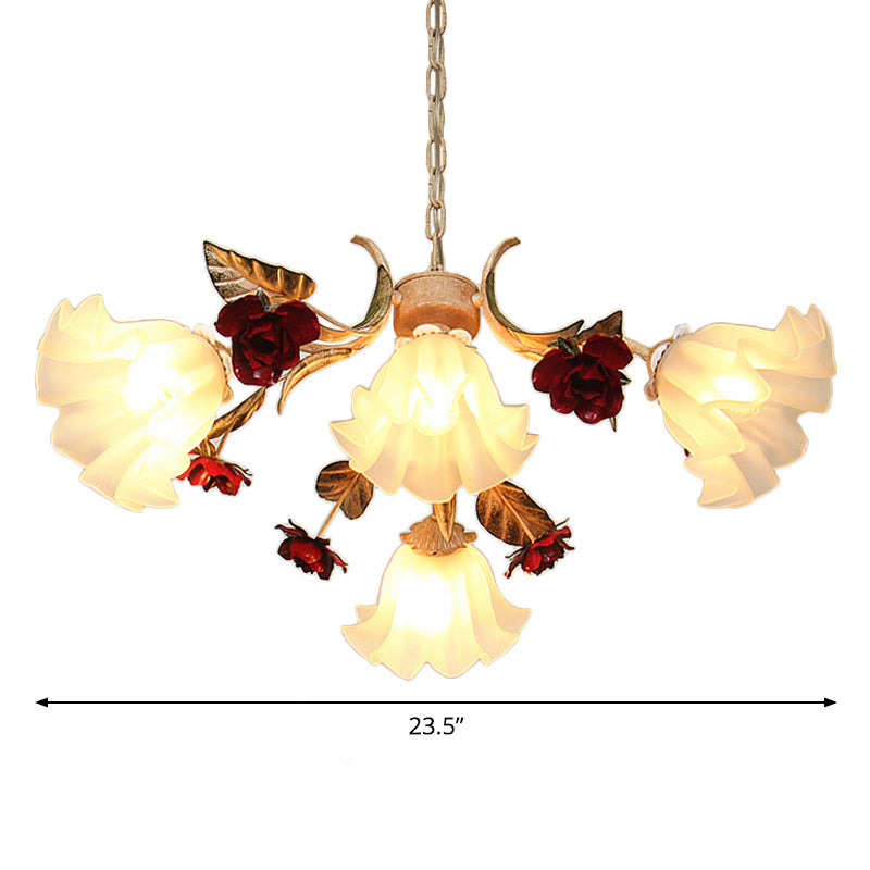 4/6/9-Bulb Frosted Glass Chandelier Pendant Light Korean Garden Beige Floral Childrens Room Pendant Lamp Clearhalo 'Ceiling Lights' 'Chandeliers' Lighting' options 1982377