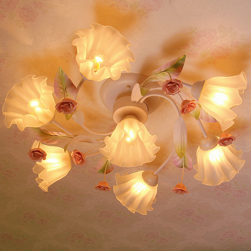 Pastoral Style Floral Semi Flush Mount 4/7-Light Metal Flush Ceiling Light with Frosted Glass Shade in White Clearhalo 'Ceiling Lights' 'Close To Ceiling Lights' 'Close to ceiling' 'Semi-flushmount' Lighting' 1982386