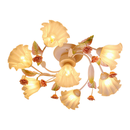 Pastoral Style Floral Semi Flush Mount 4/7-Light Metal Flush Ceiling Light with Frosted Glass Shade in White Clearhalo 'Ceiling Lights' 'Close To Ceiling Lights' 'Close to ceiling' 'Semi-flushmount' Lighting' 1982388