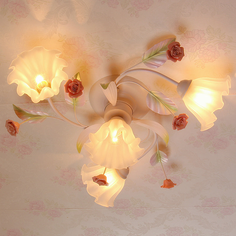 Pastoral Style Floral Semi Flush Mount 4/7-Light Metal Flush Ceiling Light with Frosted Glass Shade in White 4 White Clearhalo 'Ceiling Lights' 'Close To Ceiling Lights' 'Close to ceiling' 'Semi-flushmount' Lighting' 1982390