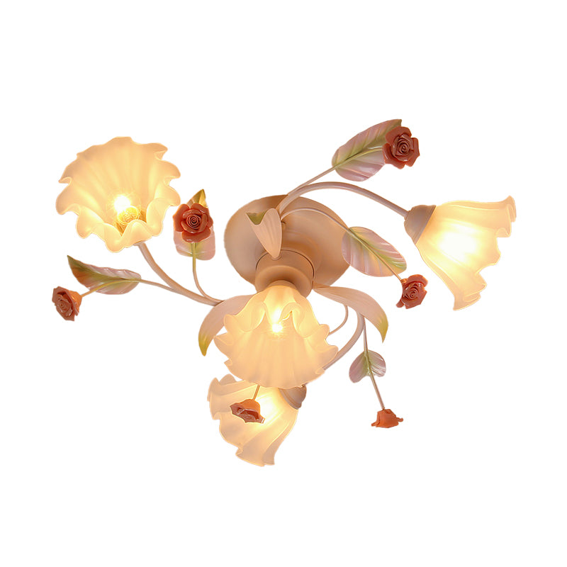 Pastoral Style Floral Semi Flush Mount 4/7-Light Metal Flush Ceiling Light with Frosted Glass Shade in White Clearhalo 'Ceiling Lights' 'Close To Ceiling Lights' 'Close to ceiling' 'Semi-flushmount' Lighting' 1982393