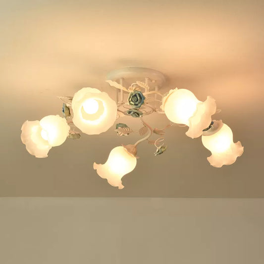 American Garden Flower Semi-Flush Mount 5 Bulbs Frosted White Glass Flush Mounted Light for Living Room Clearhalo 'Ceiling Lights' 'Close To Ceiling Lights' 'Close to ceiling' 'Semi-flushmount' Lighting' 1982406