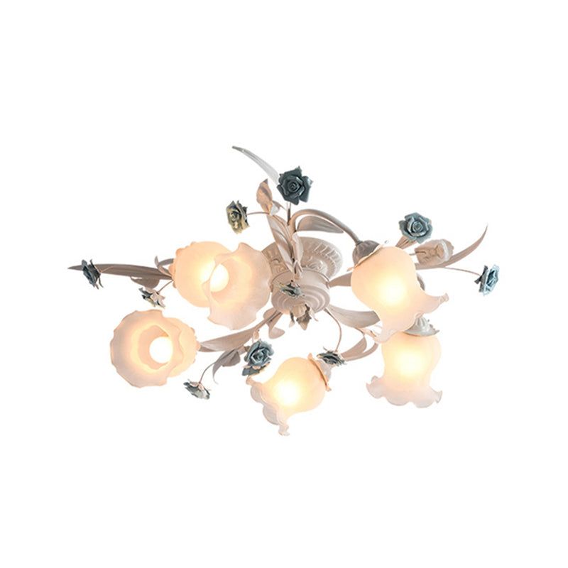 American Garden Flower Semi-Flush Mount 5 Bulbs Frosted White Glass Flush Mounted Light for Living Room Clearhalo 'Ceiling Lights' 'Close To Ceiling Lights' 'Close to ceiling' 'Semi-flushmount' Lighting' 1982407