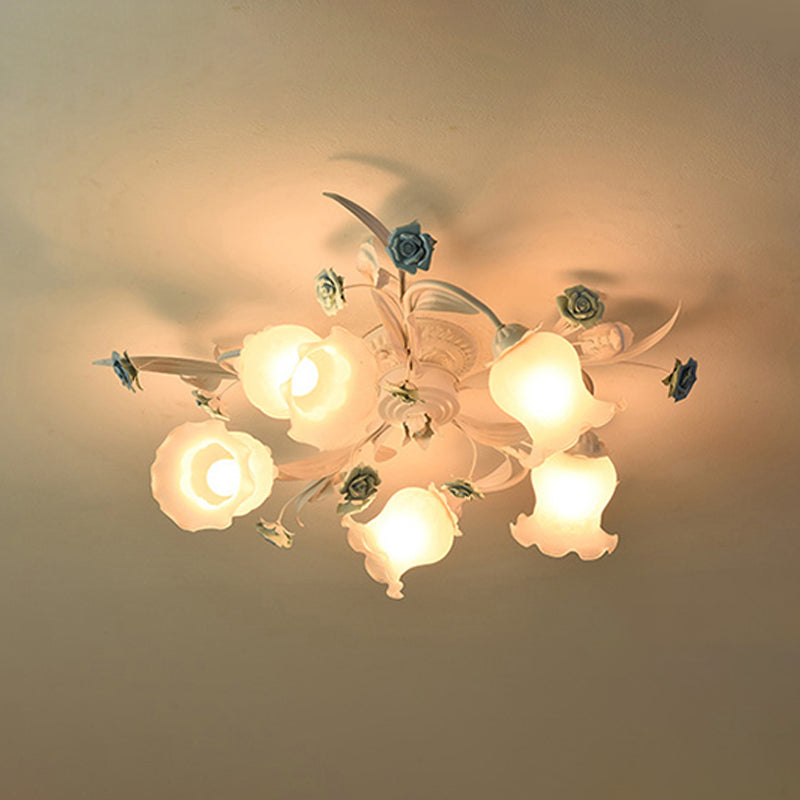 American Garden Flower Semi-Flush Mount 5 Bulbs Frosted White Glass Flush Mounted Light for Living Room Clearhalo 'Ceiling Lights' 'Close To Ceiling Lights' 'Close to ceiling' 'Semi-flushmount' Lighting' 1982408