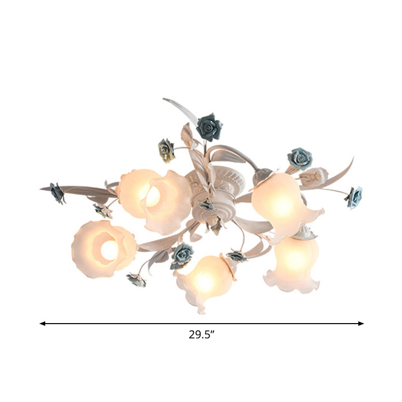 American Garden Flower Semi-Flush Mount 5 Bulbs Frosted White Glass Flush Mounted Light for Living Room Clearhalo 'Ceiling Lights' 'Close To Ceiling Lights' 'Close to ceiling' 'Semi-flushmount' Lighting' 1982409