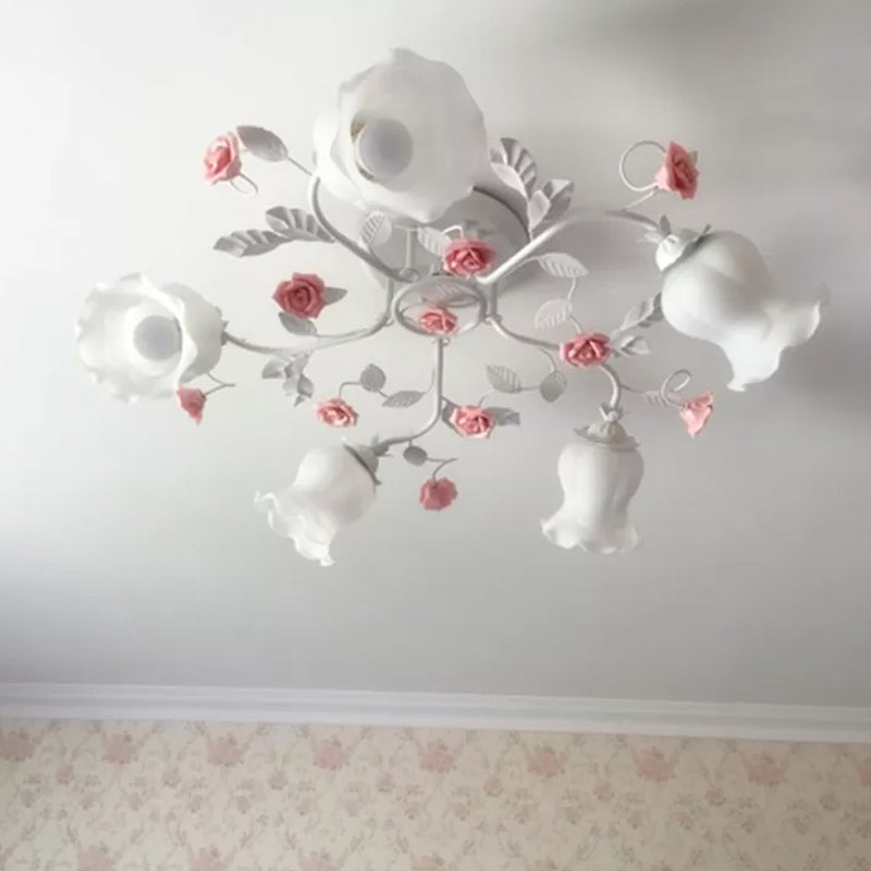 5 Bulbs Semi Flush Mount Korean Garden Floral Frosted White Glass Ceiling Flush Light for Bedroom White Clearhalo 'Ceiling Lights' 'Close To Ceiling Lights' 'Close to ceiling' 'Semi-flushmount' Lighting' 1982410