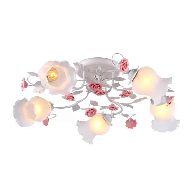 5 Bulbs Semi Flush Mount Korean Garden Floral Frosted White Glass Ceiling Flush Light for Bedroom Clearhalo 'Ceiling Lights' 'Close To Ceiling Lights' 'Close to ceiling' 'Semi-flushmount' Lighting' 1982412