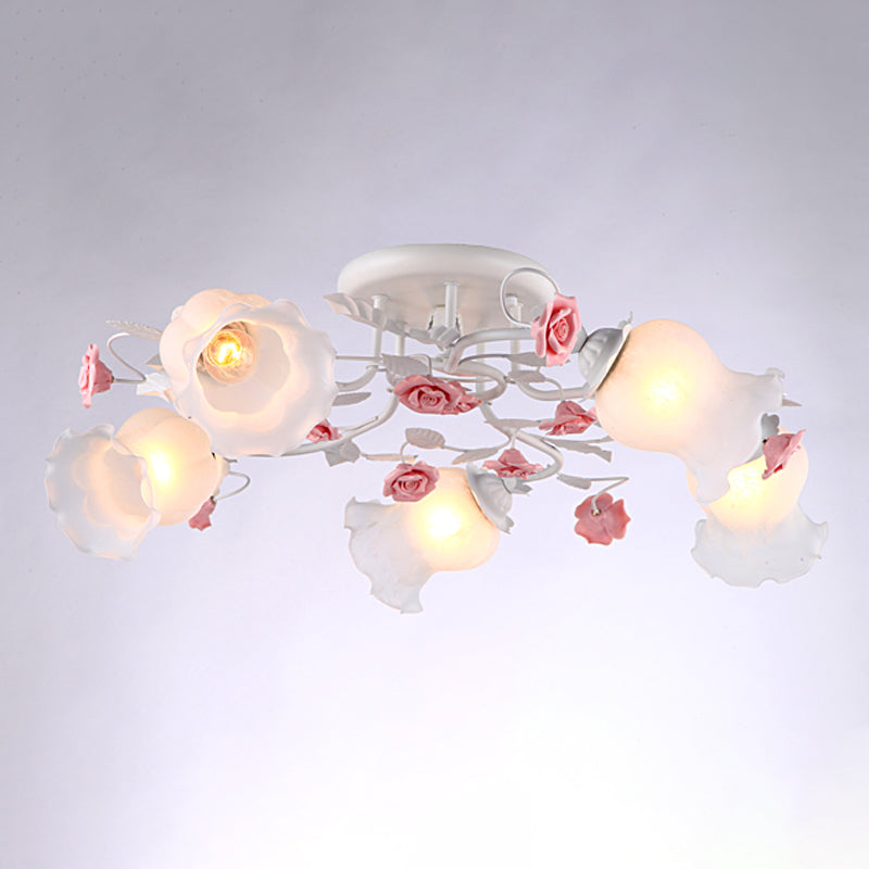 5 Bulbs Semi Flush Mount Korean Garden Floral Frosted White Glass Ceiling Flush Light for Bedroom Clearhalo 'Ceiling Lights' 'Close To Ceiling Lights' 'Close to ceiling' 'Semi-flushmount' Lighting' 1982413