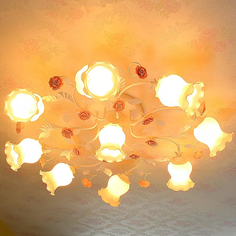 Frosted Cream Glass Ruffle Ceiling Light Countryside 9 Lights Bedroom Semi Flush Mounted Lamp in Pink/Green Clearhalo 'Ceiling Lights' 'Close To Ceiling Lights' 'Close to ceiling' 'Semi-flushmount' Lighting' 1982416