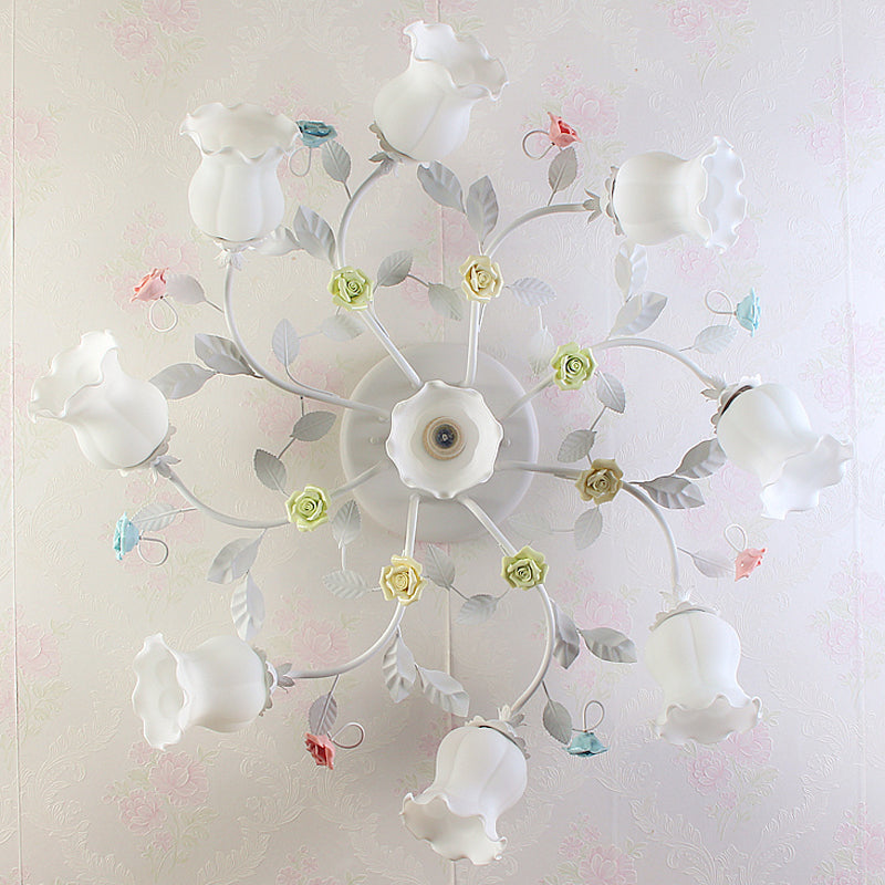 Frosted Cream Glass Ruffle Ceiling Light Countryside 9 Lights Bedroom Semi Flush Mounted Lamp in Pink/Green Green Clearhalo 'Ceiling Lights' 'Close To Ceiling Lights' 'Close to ceiling' 'Semi-flushmount' Lighting' 1982421