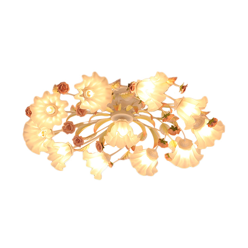 Pastoral Ruffle Ceiling Flush Lamp 4/7/9 Heads Frosted White Glass Semi Flush Mount for Dining Room 11 White Clearhalo 'Ceiling Lights' 'Close To Ceiling Lights' 'Close to ceiling' 'Semi-flushmount' Lighting' 1982424