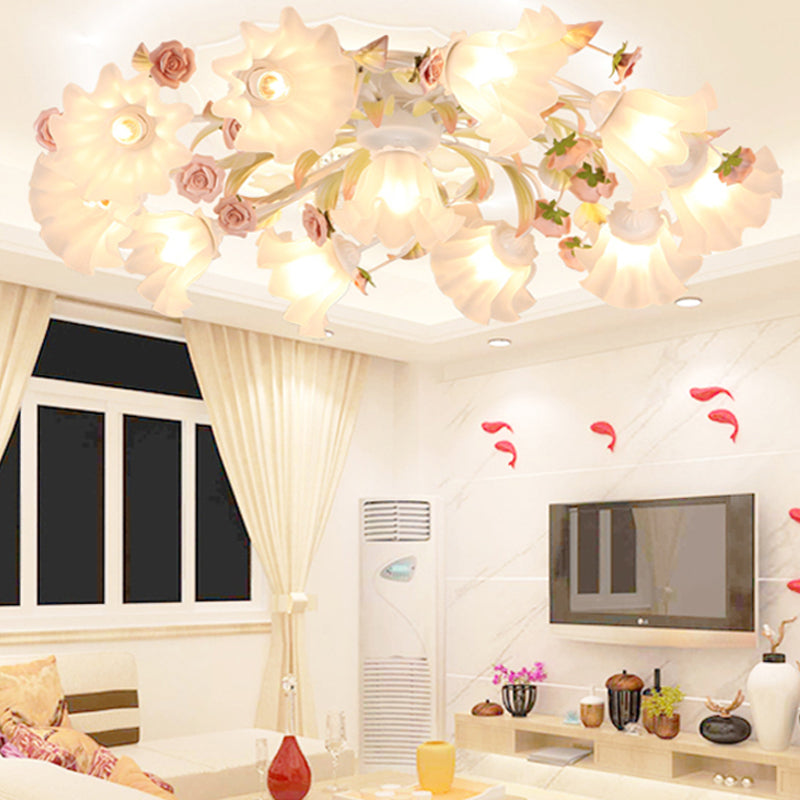 Pastoral Ruffle Ceiling Flush Lamp 4/7/9 Heads Frosted White Glass Semi Flush Mount for Dining Room Clearhalo 'Ceiling Lights' 'Close To Ceiling Lights' 'Close to ceiling' 'Semi-flushmount' Lighting' 1982425