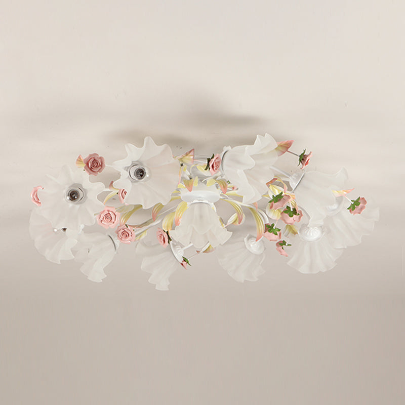 Pastoral Ruffle Ceiling Flush Lamp 4/7/9 Heads Frosted White Glass Semi Flush Mount for Dining Room Clearhalo 'Ceiling Lights' 'Close To Ceiling Lights' 'Close to ceiling' 'Semi-flushmount' Lighting' 1982426