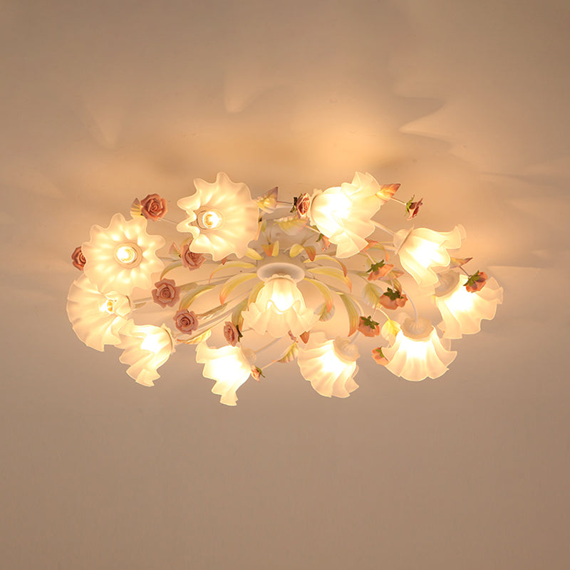 Pastoral Ruffle Ceiling Flush Lamp 4/7/9 Heads Frosted White Glass Semi Flush Mount for Dining Room Clearhalo 'Ceiling Lights' 'Close To Ceiling Lights' 'Close to ceiling' 'Semi-flushmount' Lighting' 1982427
