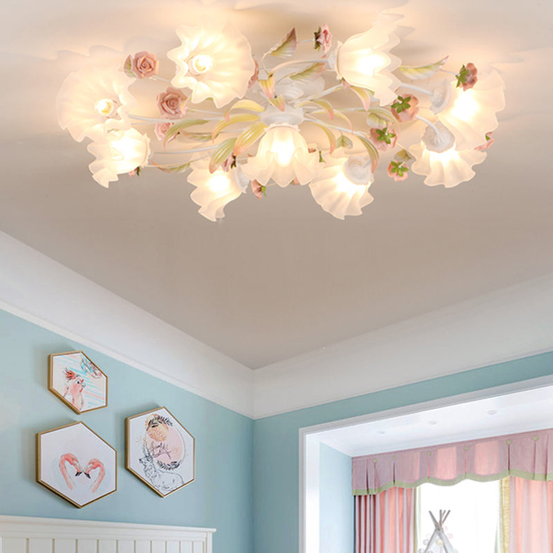 Pastoral Ruffle Ceiling Flush Lamp 4/7/9 Heads Frosted White Glass Semi Flush Mount for Dining Room 9 White Clearhalo 'Ceiling Lights' 'Close To Ceiling Lights' 'Close to ceiling' 'Semi-flushmount' Lighting' 1982429