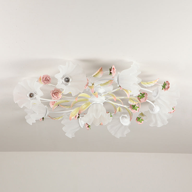 Pastoral Ruffle Ceiling Flush Lamp 4/7/9 Heads Frosted White Glass Semi Flush Mount for Dining Room Clearhalo 'Ceiling Lights' 'Close To Ceiling Lights' 'Close to ceiling' 'Semi-flushmount' Lighting' 1982430