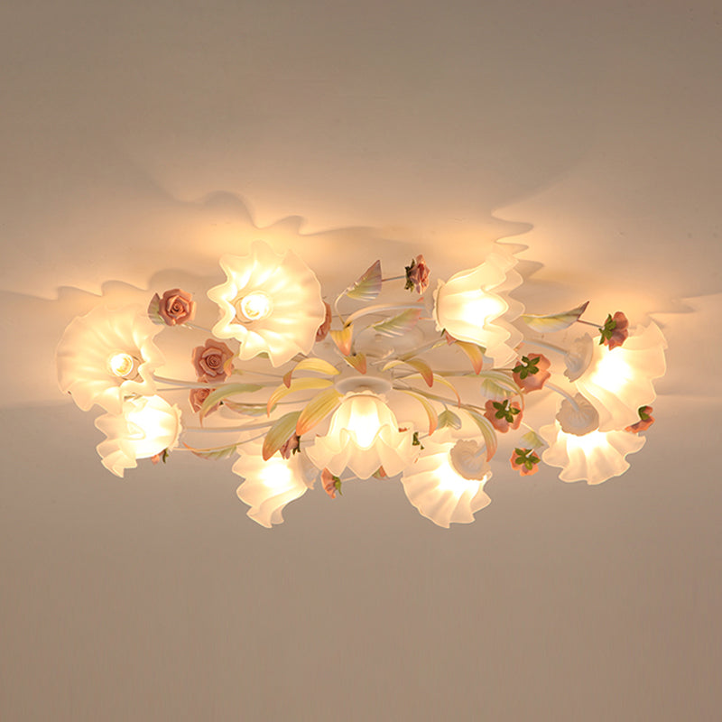 Pastoral Ruffle Ceiling Flush Lamp 4/7/9 Heads Frosted White Glass Semi Flush Mount for Dining Room Clearhalo 'Ceiling Lights' 'Close To Ceiling Lights' 'Close to ceiling' 'Semi-flushmount' Lighting' 1982432