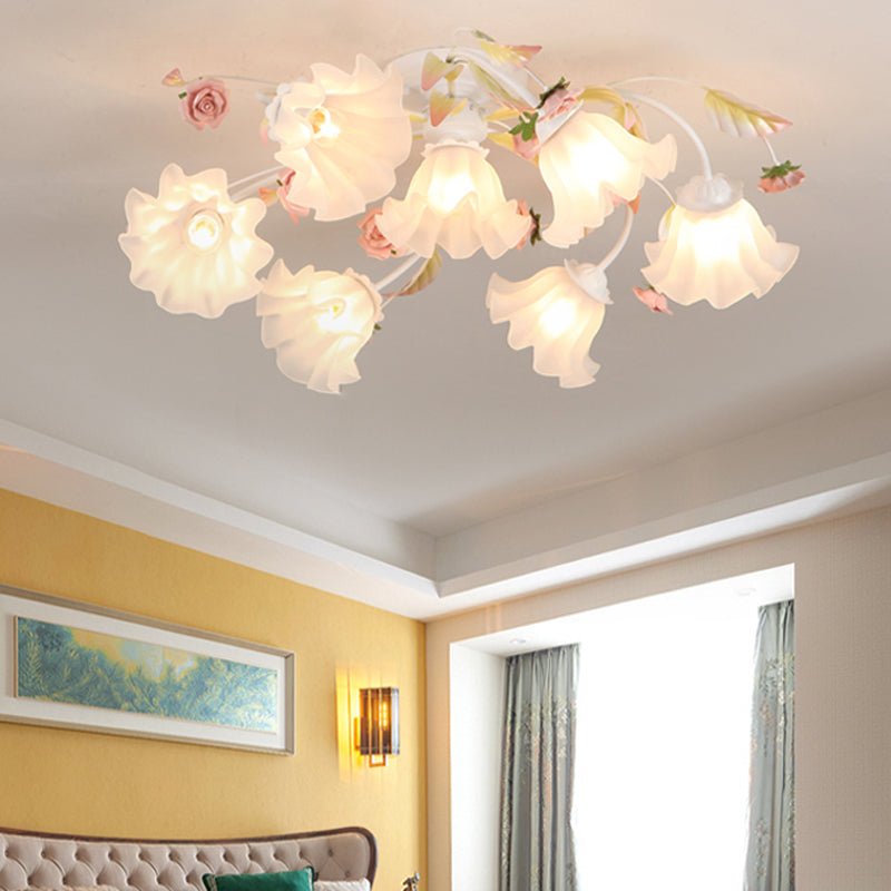 Pastoral Ruffle Ceiling Flush Lamp 4/7/9 Heads Frosted White Glass Semi Flush Mount for Dining Room 7 White Clearhalo 'Ceiling Lights' 'Close To Ceiling Lights' 'Close to ceiling' 'Semi-flushmount' Lighting' 1982434