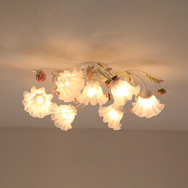 Pastoral Ruffle Ceiling Flush Lamp 4/7/9 Heads Frosted White Glass Semi Flush Mount for Dining Room Clearhalo 'Ceiling Lights' 'Close To Ceiling Lights' 'Close to ceiling' 'Semi-flushmount' Lighting' 1982435