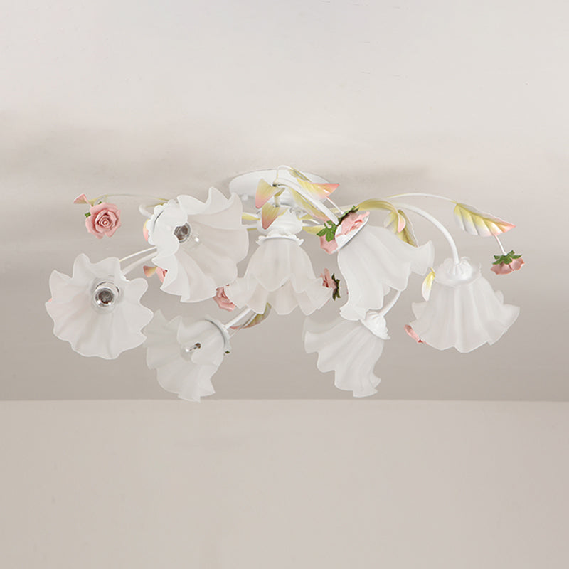 Pastoral Ruffle Ceiling Flush Lamp 4/7/9 Heads Frosted White Glass Semi Flush Mount for Dining Room Clearhalo 'Ceiling Lights' 'Close To Ceiling Lights' 'Close to ceiling' 'Semi-flushmount' Lighting' 1982436
