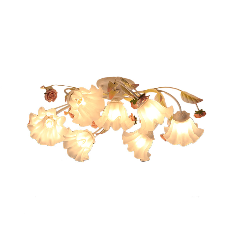 Pastoral Ruffle Ceiling Flush Lamp 4/7/9 Heads Frosted White Glass Semi Flush Mount for Dining Room Clearhalo 'Ceiling Lights' 'Close To Ceiling Lights' 'Close to ceiling' 'Semi-flushmount' Lighting' 1982437