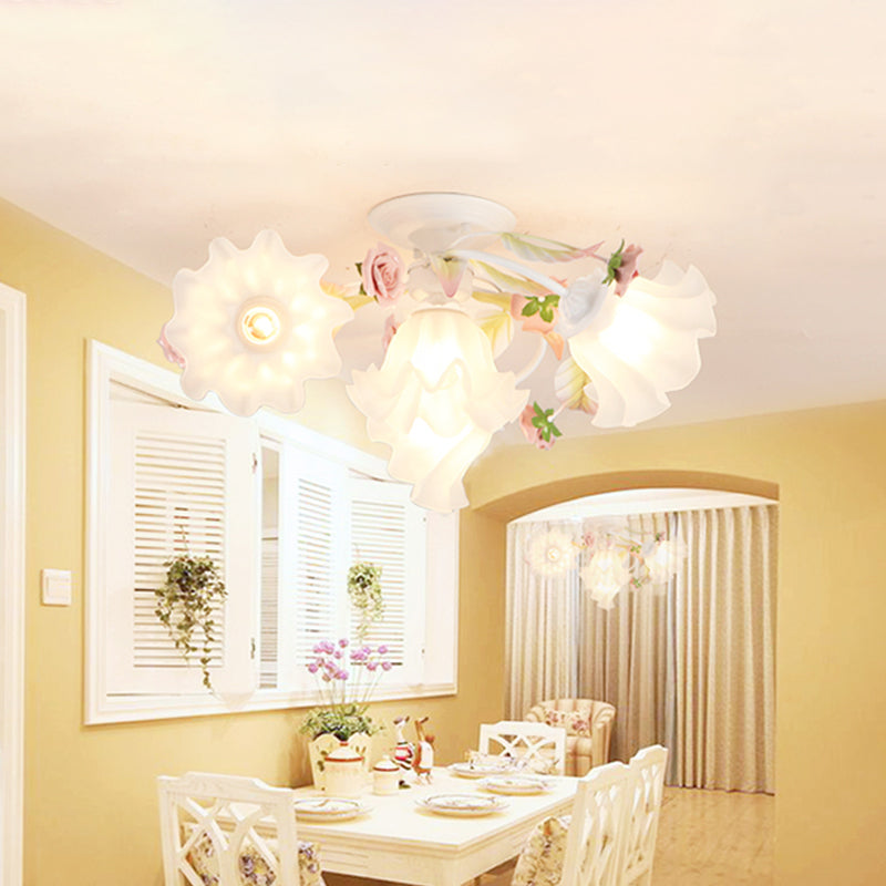 Pastoral Ruffle Ceiling Flush Lamp 4/7/9 Heads Frosted White Glass Semi Flush Mount for Dining Room 4 White Clearhalo 'Ceiling Lights' 'Close To Ceiling Lights' 'Close to ceiling' 'Semi-flushmount' Lighting' 1982439