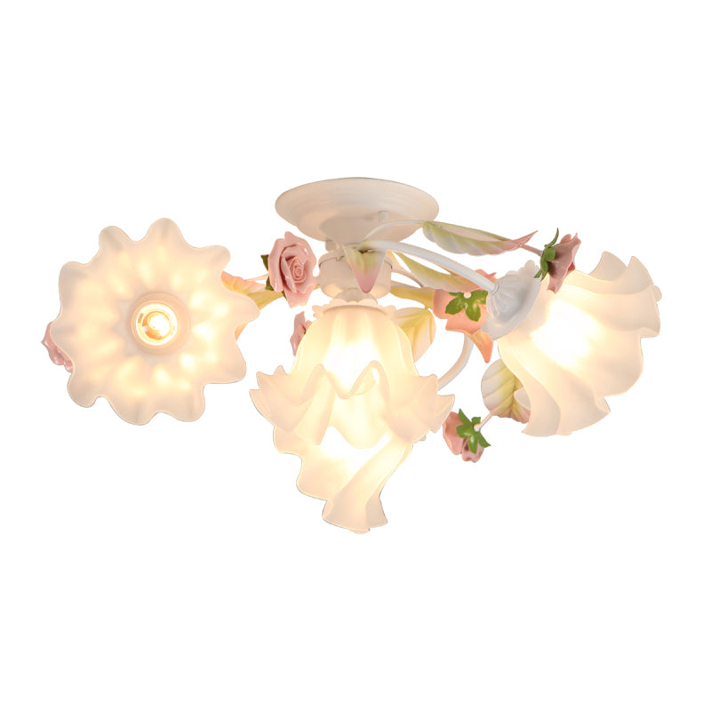 Pastoral Ruffle Ceiling Flush Lamp 4/7/9 Heads Frosted White Glass Semi Flush Mount for Dining Room Clearhalo 'Ceiling Lights' 'Close To Ceiling Lights' 'Close to ceiling' 'Semi-flushmount' Lighting' 1982440