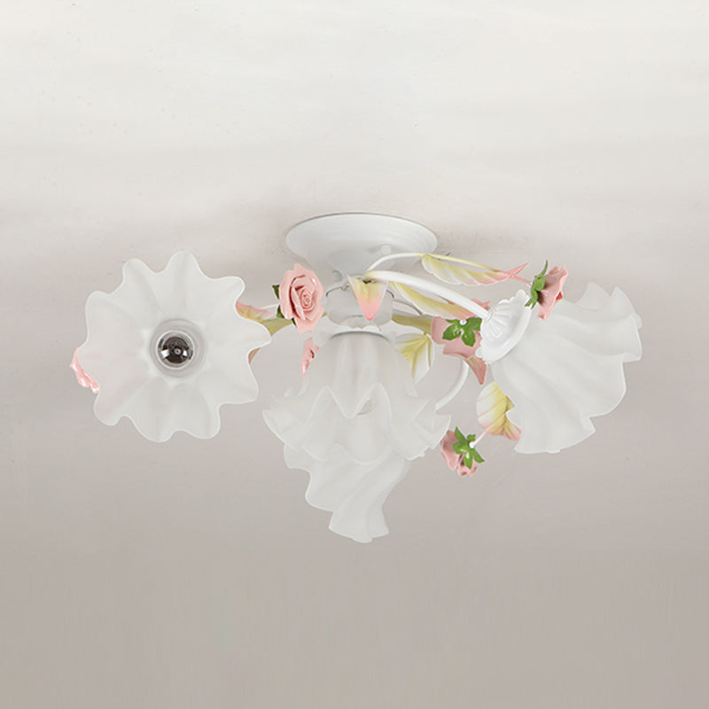 Pastoral Ruffle Ceiling Flush Lamp 4/7/9 Heads Frosted White Glass Semi Flush Mount for Dining Room Clearhalo 'Ceiling Lights' 'Close To Ceiling Lights' 'Close to ceiling' 'Semi-flushmount' Lighting' 1982441