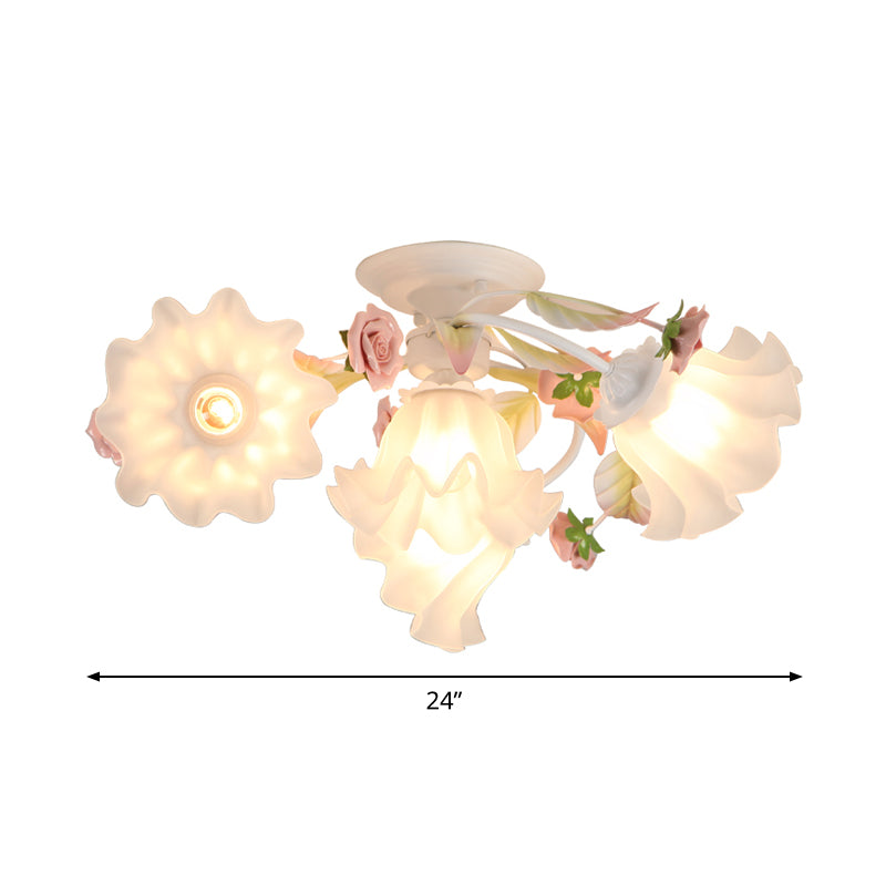 Pastoral Ruffle Ceiling Flush Lamp 4/7/9 Heads Frosted White Glass Semi Flush Mount for Dining Room Clearhalo 'Ceiling Lights' 'Close To Ceiling Lights' 'Close to ceiling' 'Semi-flushmount' Lighting' 1982442