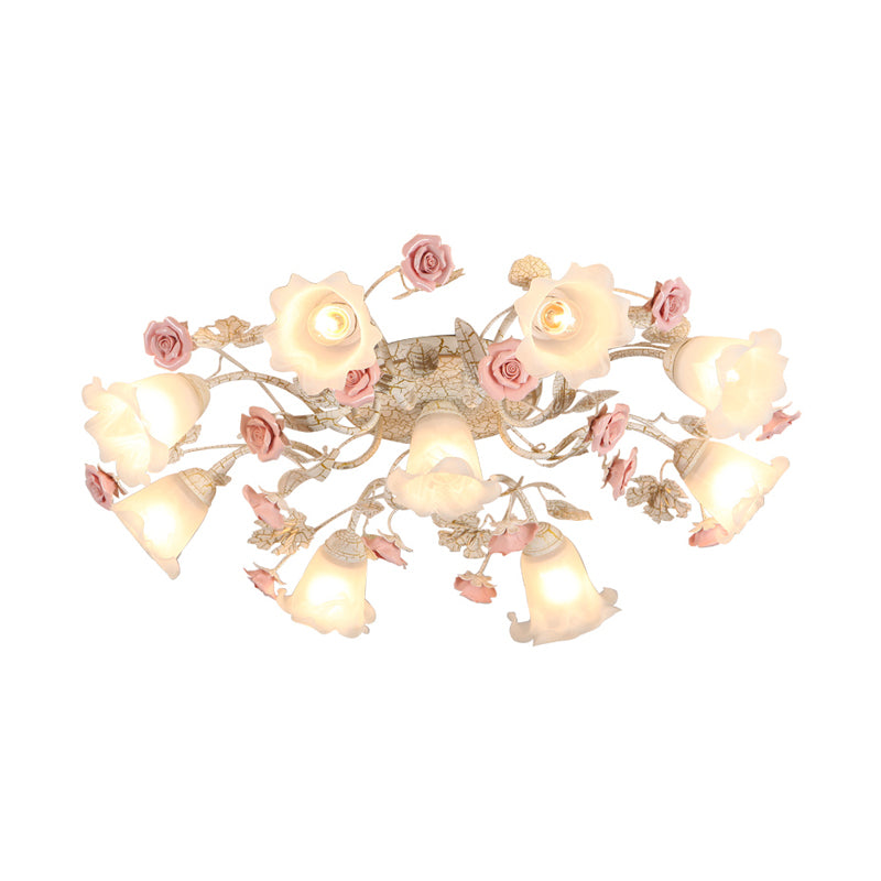 4/6/7-Head Semi Flush Mount Korean Garden Living Room Ceiling Flush Light with Floral Frosted White Glass Shade 9 White Clearhalo 'Ceiling Lights' 'Close To Ceiling Lights' 'Close to ceiling' 'Semi-flushmount' Lighting' 1982443