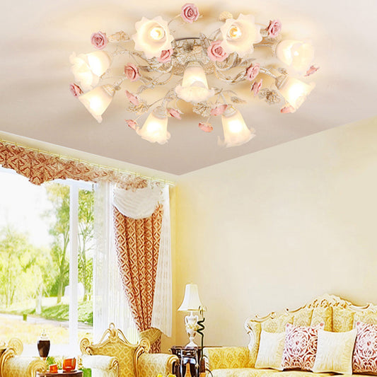 4/6/7-Head Semi Flush Mount Korean Garden Living Room Ceiling Flush Light with Floral Frosted White Glass Shade Clearhalo 'Ceiling Lights' 'Close To Ceiling Lights' 'Close to ceiling' 'Semi-flushmount' Lighting' 1982444