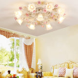 4/6/7-Head Semi Flush Mount Korean Garden Living Room Ceiling Flush Light with Floral Frosted White Glass Shade Clearhalo 'Ceiling Lights' 'Close To Ceiling Lights' 'Close to ceiling' 'Semi-flushmount' Lighting' 1982444