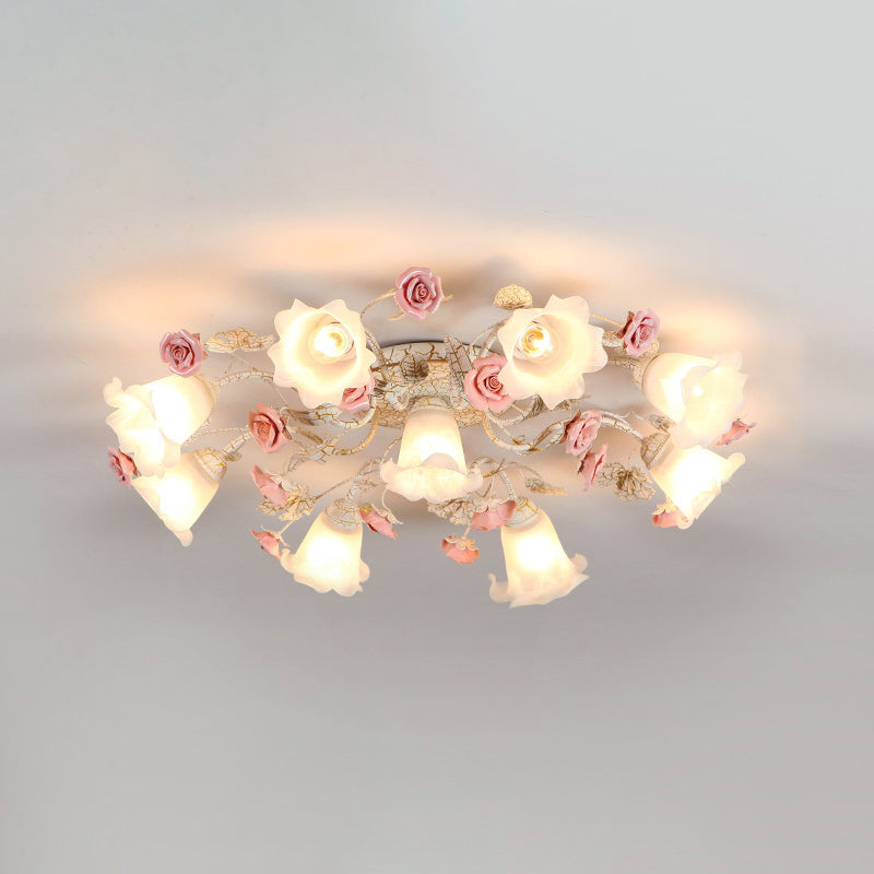 4/6/7-Head Semi Flush Mount Korean Garden Living Room Ceiling Flush Light with Floral Frosted White Glass Shade Clearhalo 'Ceiling Lights' 'Close To Ceiling Lights' 'Close to ceiling' 'Semi-flushmount' Lighting' 1982445