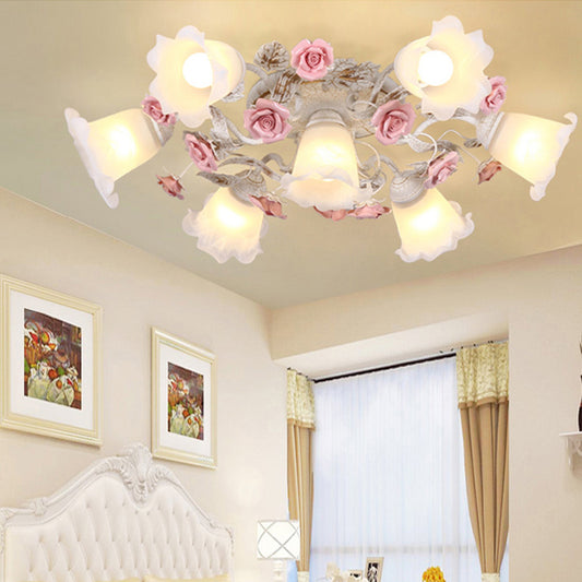 4/6/7-Head Semi Flush Mount Korean Garden Living Room Ceiling Flush Light with Floral Frosted White Glass Shade 7 White Clearhalo 'Ceiling Lights' 'Close To Ceiling Lights' 'Close to ceiling' 'Semi-flushmount' Lighting' 1982447