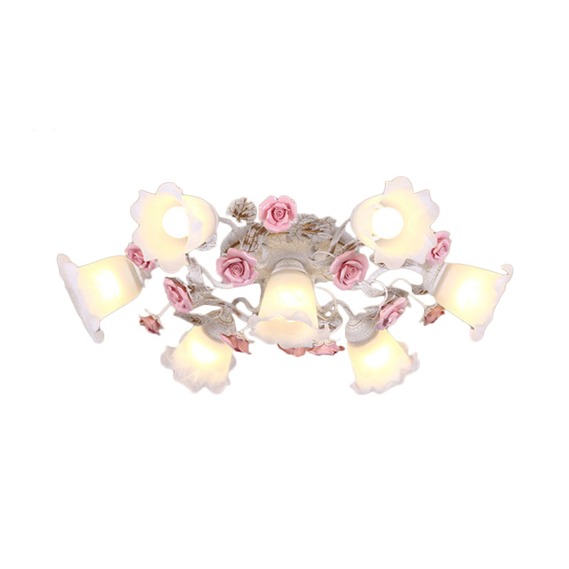 4/6/7-Head Semi Flush Mount Korean Garden Living Room Ceiling Flush Light with Floral Frosted White Glass Shade Clearhalo 'Ceiling Lights' 'Close To Ceiling Lights' 'Close to ceiling' 'Semi-flushmount' Lighting' 1982448