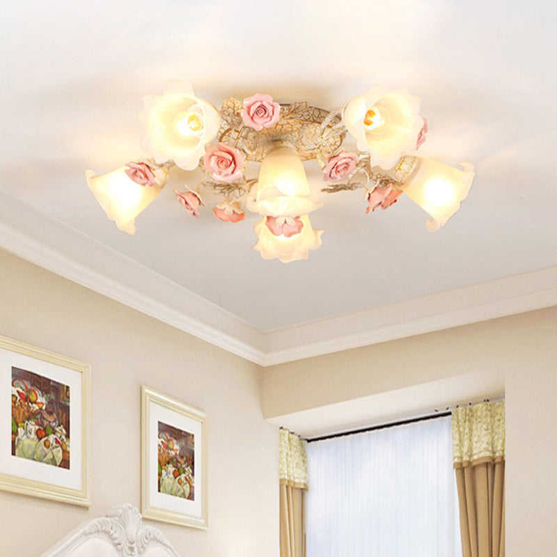 4/6/7-Head Semi Flush Mount Korean Garden Living Room Ceiling Flush Light with Floral Frosted White Glass Shade 6 White Clearhalo 'Ceiling Lights' 'Close To Ceiling Lights' 'Close to ceiling' 'Semi-flushmount' Lighting' 1982451