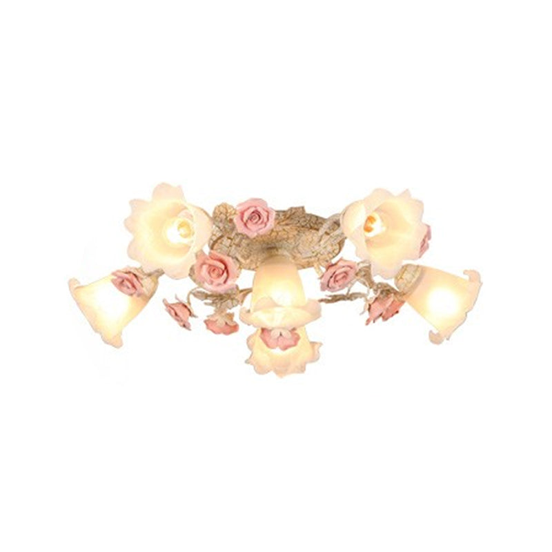 4/6/7-Head Semi Flush Mount Korean Garden Living Room Ceiling Flush Light with Floral Frosted White Glass Shade Clearhalo 'Ceiling Lights' 'Close To Ceiling Lights' 'Close to ceiling' 'Semi-flushmount' Lighting' 1982452