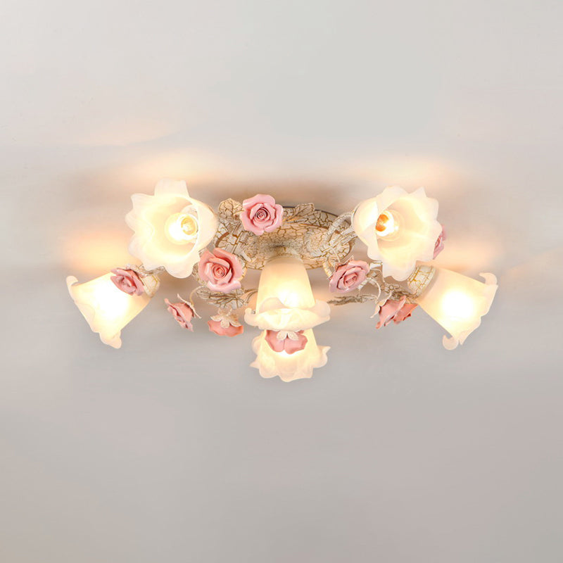 4/6/7-Head Semi Flush Mount Korean Garden Living Room Ceiling Flush Light with Floral Frosted White Glass Shade Clearhalo 'Ceiling Lights' 'Close To Ceiling Lights' 'Close to ceiling' 'Semi-flushmount' Lighting' 1982453