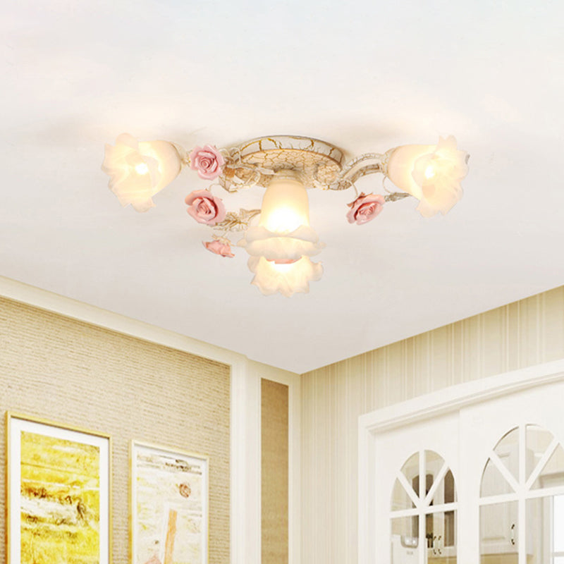 4/6/7-Head Semi Flush Mount Korean Garden Living Room Ceiling Flush Light with Floral Frosted White Glass Shade 4 White Clearhalo 'Ceiling Lights' 'Close To Ceiling Lights' 'Close to ceiling' 'Semi-flushmount' Lighting' 1982455