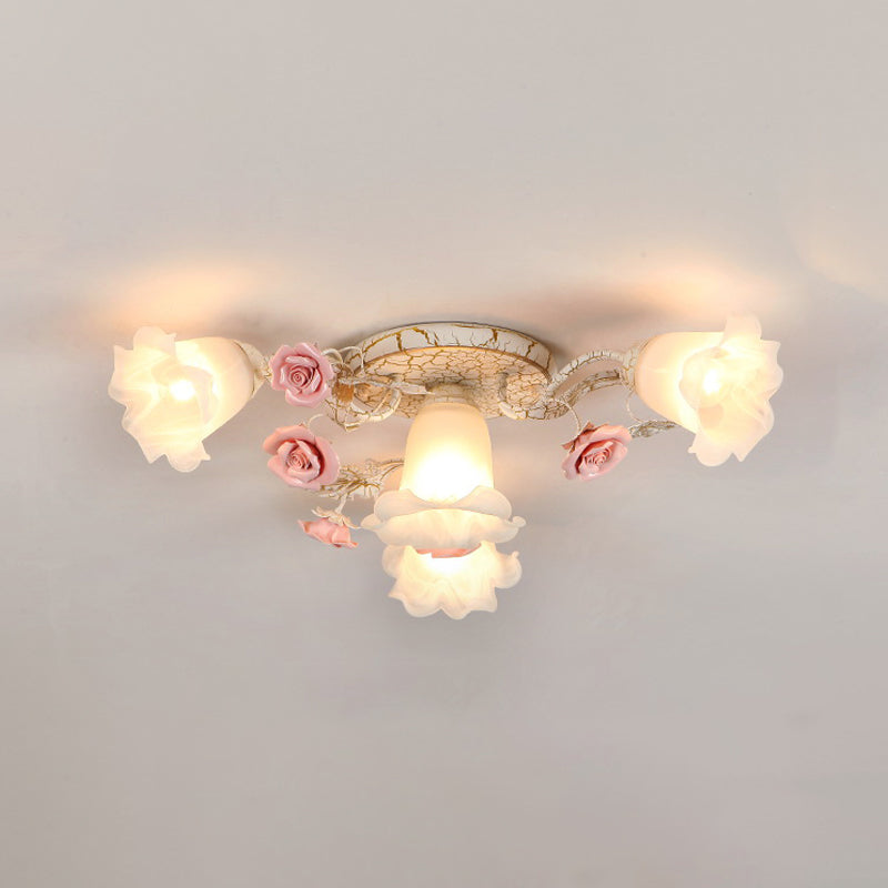 4/6/7-Head Semi Flush Mount Korean Garden Living Room Ceiling Flush Light with Floral Frosted White Glass Shade Clearhalo 'Ceiling Lights' 'Close To Ceiling Lights' 'Close to ceiling' 'Semi-flushmount' Lighting' 1982457
