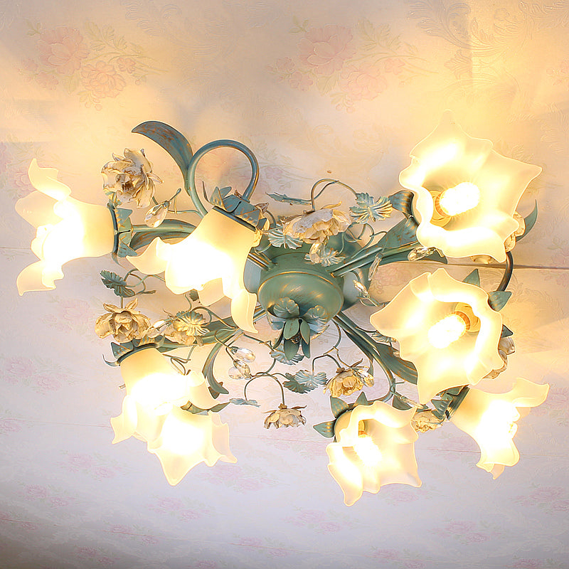 Blue 6/8 Bulbs Semi Flush Ceiling Light Pastoral Style Flower Frost White Glass Ceiling Lamp for Bedroom 8 Blue Clearhalo 'Ceiling Lights' 'Close To Ceiling Lights' 'Close to ceiling' 'Semi-flushmount' Lighting' 1982459