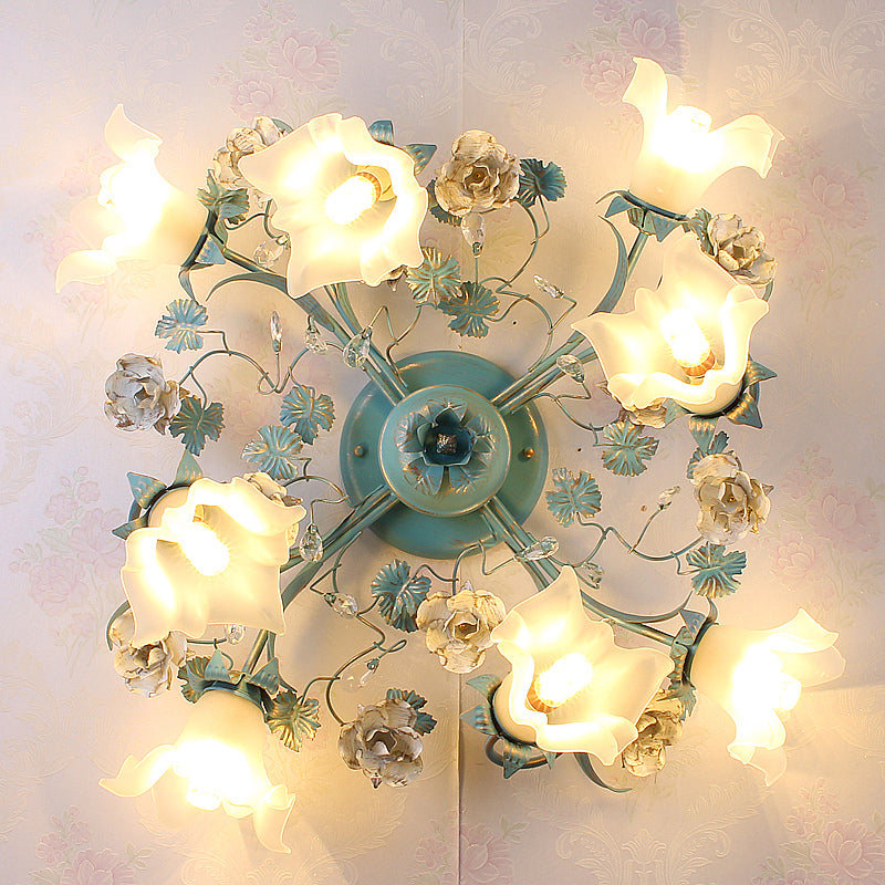 Blue 6/8 Bulbs Semi Flush Ceiling Light Pastoral Style Flower Frost White Glass Ceiling Lamp for Bedroom Clearhalo 'Ceiling Lights' 'Close To Ceiling Lights' 'Close to ceiling' 'Semi-flushmount' Lighting' 1982460