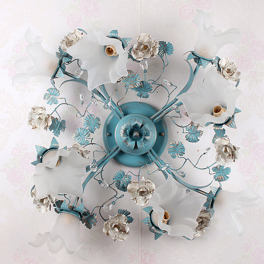 Blue 6/8 Bulbs Semi Flush Ceiling Light Pastoral Style Flower Frost White Glass Ceiling Lamp for Bedroom Clearhalo 'Ceiling Lights' 'Close To Ceiling Lights' 'Close to ceiling' 'Semi-flushmount' Lighting' 1982461