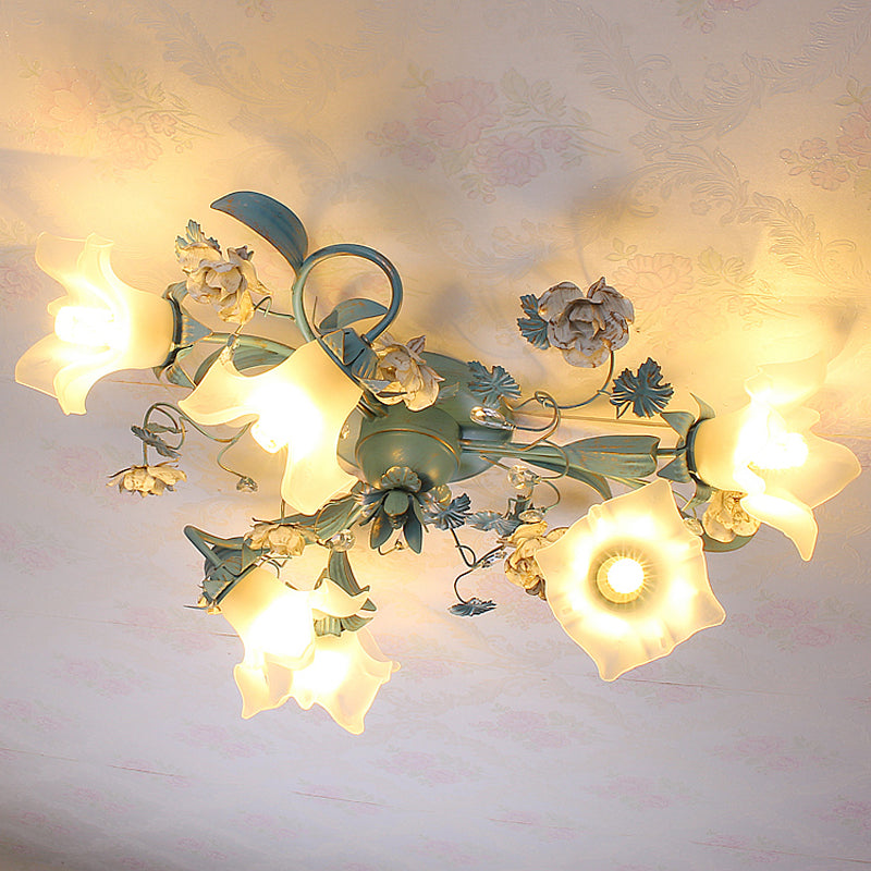 Blue 6/8 Bulbs Semi Flush Ceiling Light Pastoral Style Flower Frost White Glass Ceiling Lamp for Bedroom 6 Blue Clearhalo 'Ceiling Lights' 'Close To Ceiling Lights' 'Close to ceiling' 'Semi-flushmount' Lighting' 1982465